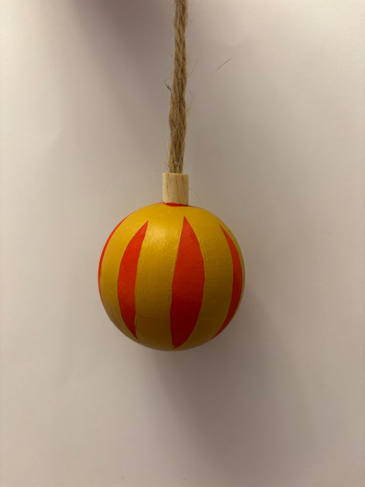 Red and gold striped wooden bauble