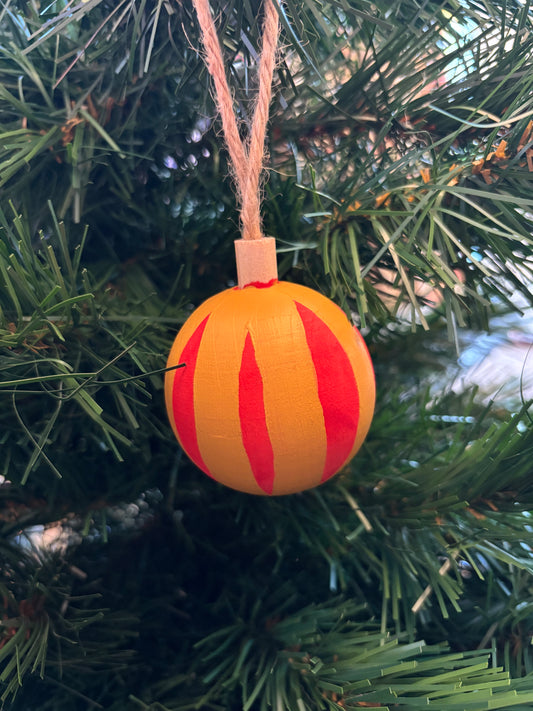 Red and gold striped wooden bauble